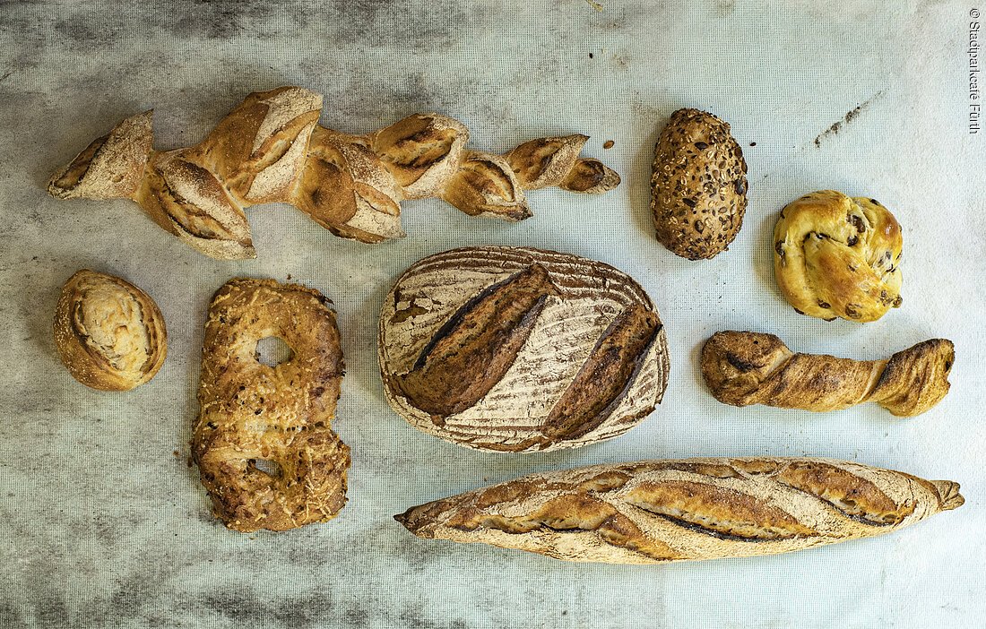 Verschiedene Brotsorten, darunter Baguette, rundes und längliches Brot, auf einem Backblech liegend.